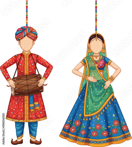Rajasthani Katputli Man with Dhol and Woman in Traditional Attire 