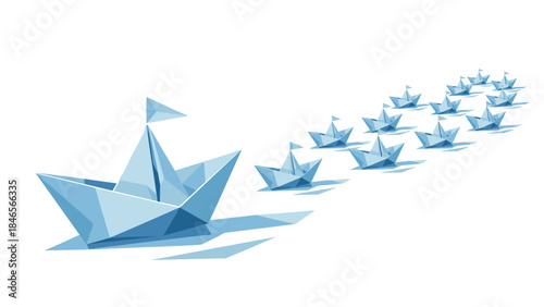 Origami paper boats in geometric design on white background