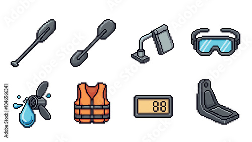 Pixel art paddling gear collection: oars, goggles, vest, propeller, seat