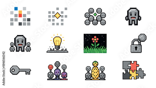 Retro pixel art icons collection for technology, nature, and security themes