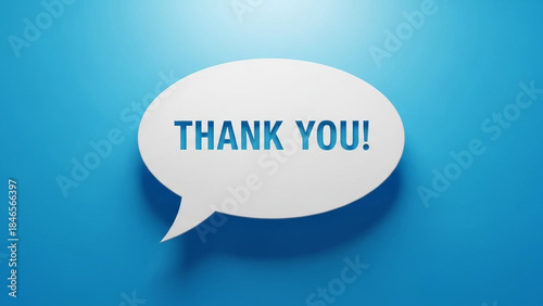 Elegant white speech bubble displaying vibrant blue thank you message against a bright blue background