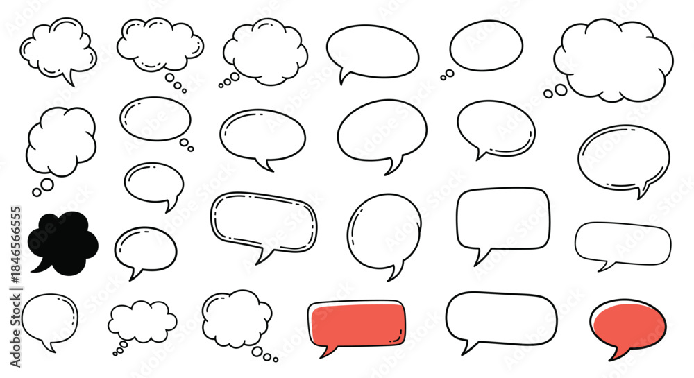 Fototapeta premium Large collection of hand-drawn doodle style speech and thought bubbles in various shapes for communication and comic design elements.