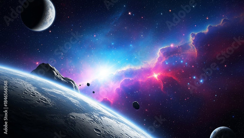 Stunning celestial panorama featuring a vibrant pink and blue nebula over a cratered planet surface with orbiting moon