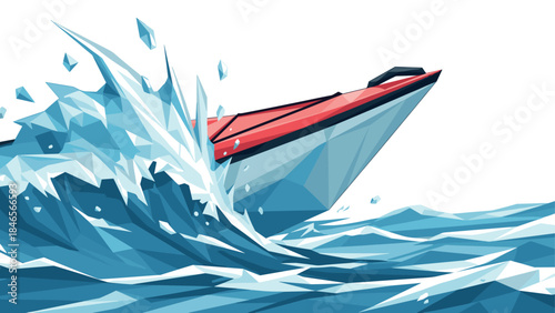 Geometric red speedboat racing through dynamic ocean waves