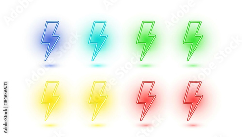 Stunning collection of vibrant neon lightning bolt icons in blue green yellow and red glowing brightly