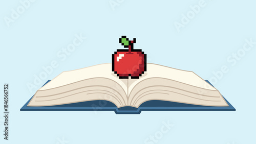 Pixel art apple on open book with light blue background