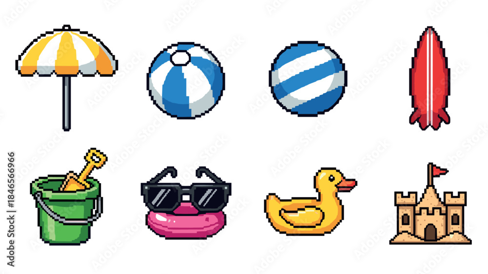 Fototapeta premium Pixel beach icons: umbrella, surfboard, sandcastle, and summer fun elements