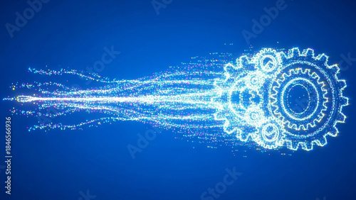 Dynamic digital gear mechanism glows with streams of bright particles symbolizing fast technological innovation and progress