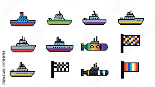 Retro pixel art ships and submarines with nautical flags set