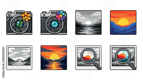 Retro camera icons with scenic views and flowers in pixel art style