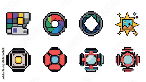 Retro pixel art icons with gaming and colorful camera designs