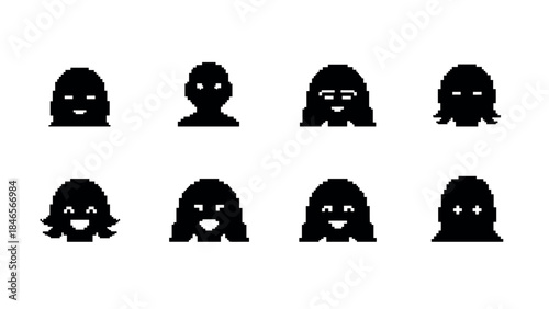 Pixel art female faces collection: retro 8-bit style silhouette icons