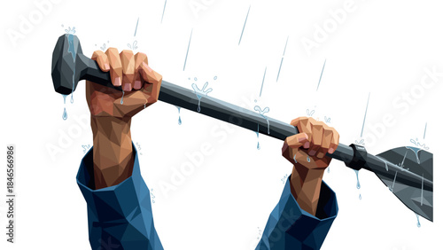 Low poly hands gripping a wet hammer in the rain