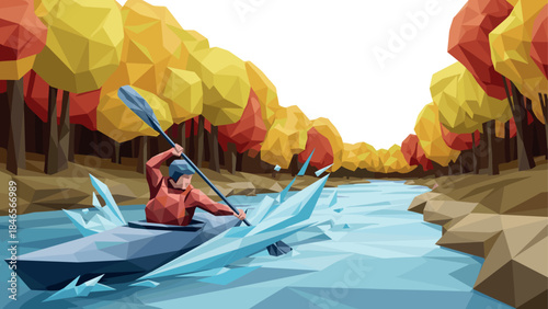 Geometric canoeing adventure through autumn forest river with colorful foliage