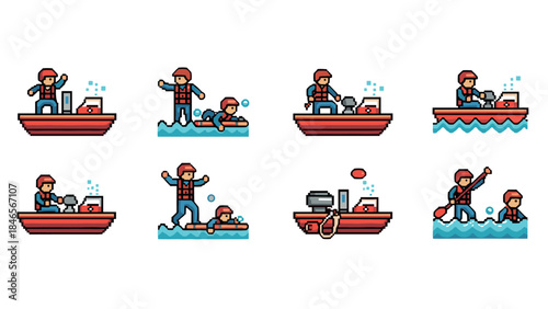 Retro pixel art water activities with characters in boats and swimming scenes