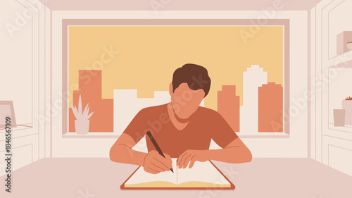 Man studying or working at desk by window with city view