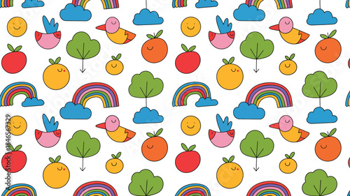 Colorful whimsical pattern with cute cartoon fruits and clouds