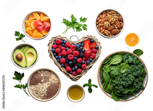 Assorted healthy foods including berries greens nuts seeds and fresh ingredients isolated on transparent background, png	