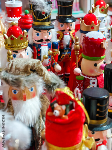 Traditional Christmas souvenir nutcrackers are sold on the Christmas market