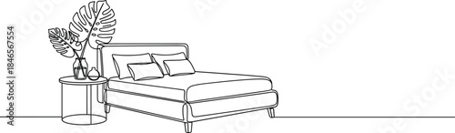 Living room interior continuous line illustration with sofa and plant for home design
