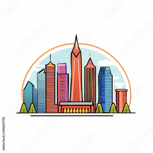 A vibrant and colorful modern city skyline, featuring tall skyscrapers and green trees, is depicted in a minimalist, outlined vector illustration style against a light blue sky, 