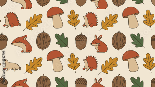 Whimsical forest creatures pattern with mushrooms and leaves