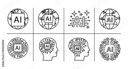 Collection of eight different artificial intelligence icons in a grid layout, representing various aspects of ai technology