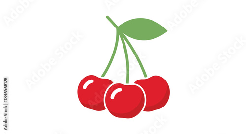 A simple and cute illustration of three red cherries on a single stem with a green leaf isolated on a clean white background for icon design.