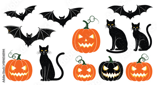 A spooky Halloween collection of illustrations featuring black cats jack-o-lanterns and bats with a gritty texture on a white background.