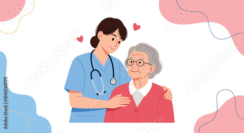 A kind female nurse provides compassionate care and support to an elderly woman in a touching healthcare illustration with an abstract background.