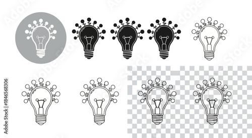 Light bulb icons with various designs and styles, including transparent and versions