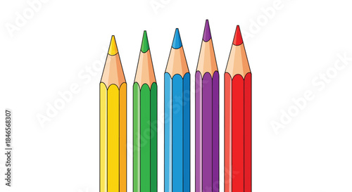 A straight row of five sharp colored pencils in yellow green blue purple and red ready for drawing and creativity.