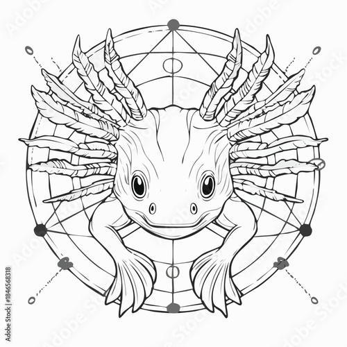 A detailed illustration of a mystical axolotl facing forward, centered within a complex geometric pattern, rendered in monochromatic black and white line art as an isolated esoteric design element.