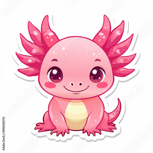 A vibrant pink, cute cartoon axolotl sticker illustration is sitting and smiling sweetly, showcasing its fluffy gills and large expressive eyes against an isolated white background.