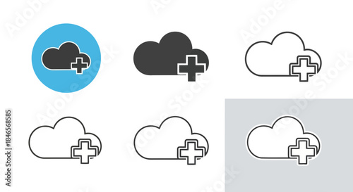 Six cloud icons with plus signs, various colors and styles, isolated on