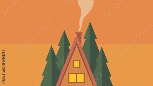 Cozy cabin nestled among tall pine trees with smoke rising