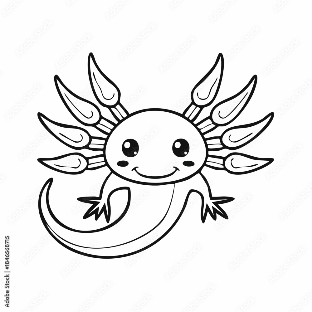 Fototapeta premium A cute cartoon axolotl is smiling happily, detailed with large stylized gills, presented as a cheerful black and white outline drawing isolated on a clean white background.