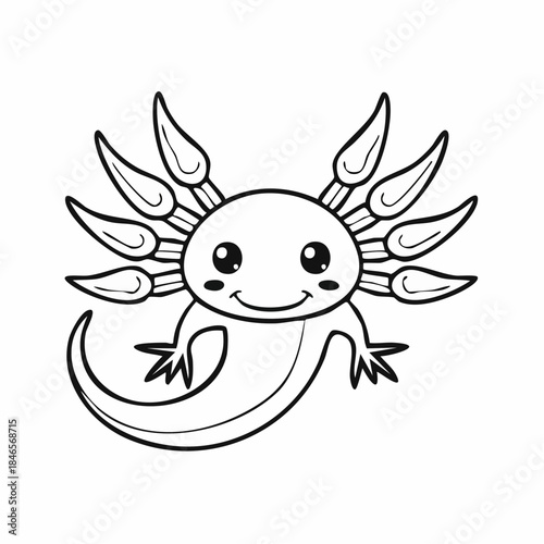 A cute cartoon axolotl is smiling happily, detailed with large stylized gills, presented as a cheerful black and white outline drawing isolated on a clean white background.