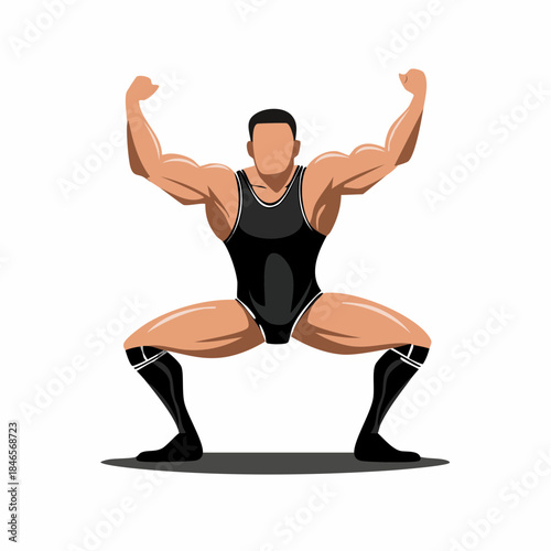 A powerful muscular athlete, wearing a black wrestling singlet, is flexing his biceps in a low squatting stance, depicted in a bold vector illustration conveying strength on a clean white background.