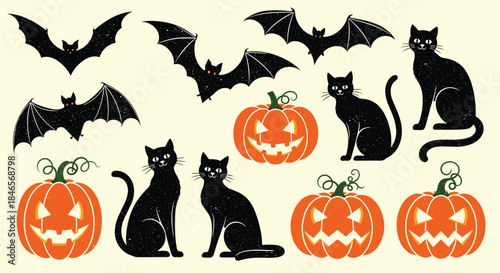 A collection of textured Halloween illustrations including spooky black cats bats and jack-o-lanterns isolated on a light cream background.