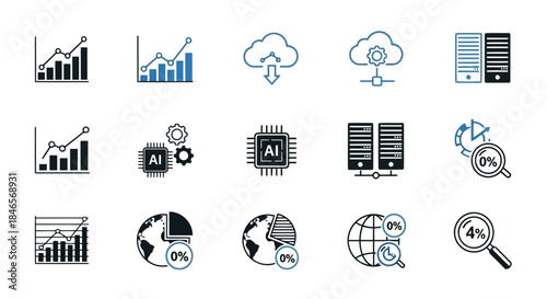 Set of icons representing data analysis, cloud computing, artificial intelligence, and global connectivity concepts