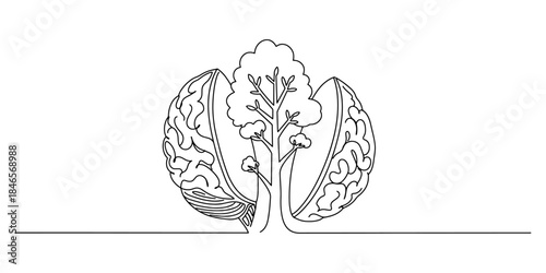 Continuous line drawing of  a tree growing from an open brain, representing personal growth through technology-driven mental health tools for elegant greeting cards and posters.