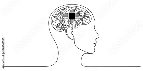 Continuous one line drawing of a human head with digital circuit patterns inside the brain, symbolizing AI-assisted mental health diagnostics for elegant posters and modern app design