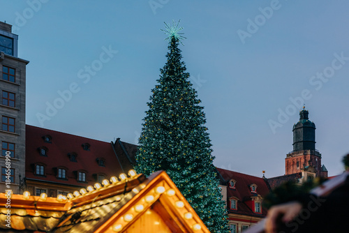 Christmas tree on old town market of Wroclaw. Poland, Europe