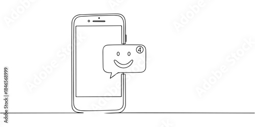 Continuous one line drawing of a smartphone with a smiling face notification, representing mental health apps offering daily emotional check-ins, perfect for greeting cards and wellness app branding.