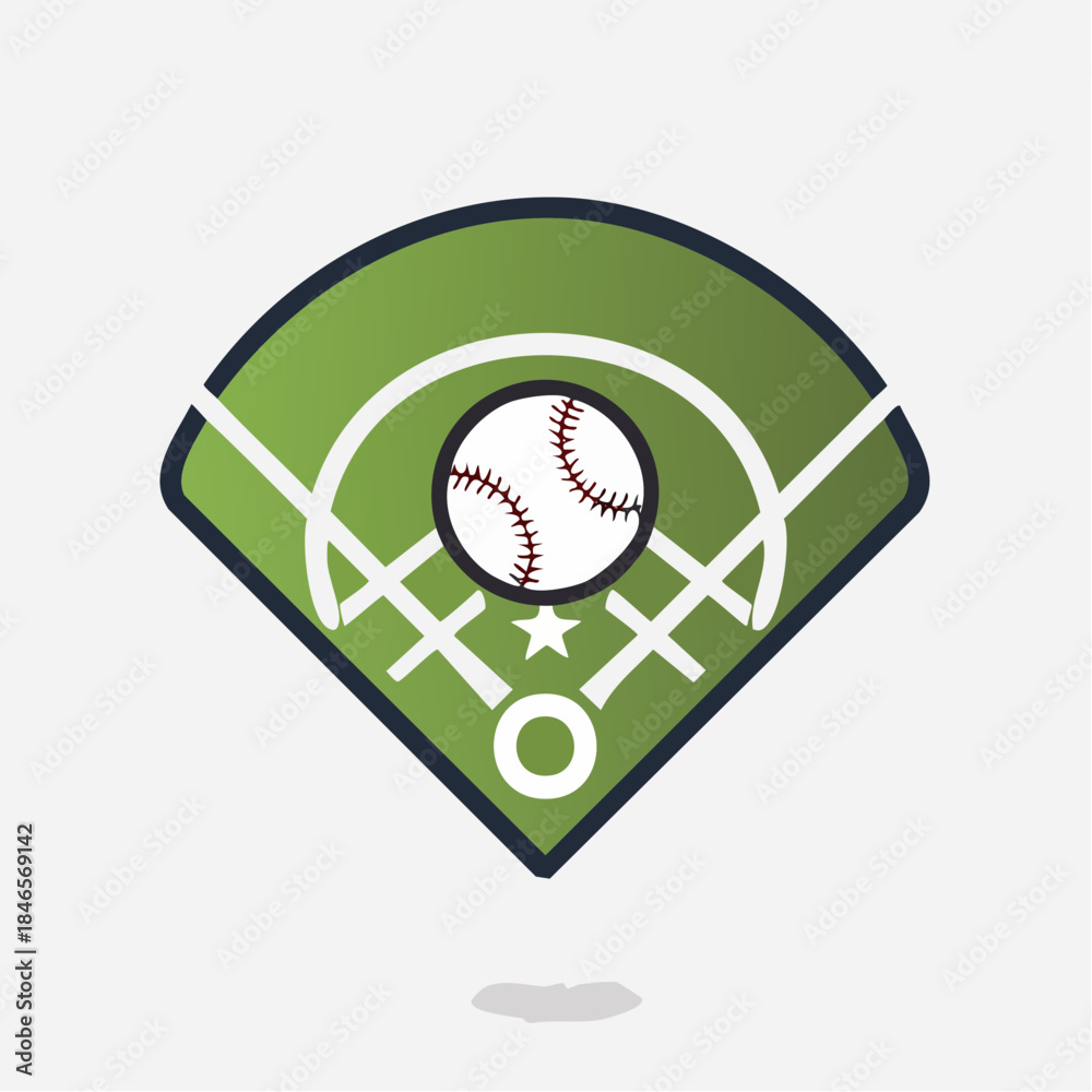 Fototapeta premium An energetic green and white graphic icon features a baseball centered over a stylized diamond, rendered in a modern flat design vector illustration style, representing the competitive sport.