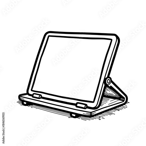 Foldable laptop stand on desk, ergonomic office and remote work setup copyspace