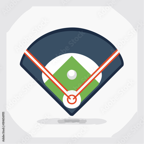Minimalist flat vector icon of a baseball diamond, featuring green grass, red foul lines, and a white ball, perfectly representing the popular sport in a clean, graphic style.