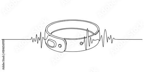 Continuous one line drawing of a wearable EEG headband with gentle waves emitting, representing mental health monitoring and brainwave analysis for app interfaces and elegant health posters.