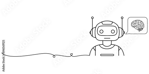 Continuous one line drawing of a AI chatbot icon with brain speech bubble, symbolizing AI-powered mental health support for modern greeting cards and brand identity.